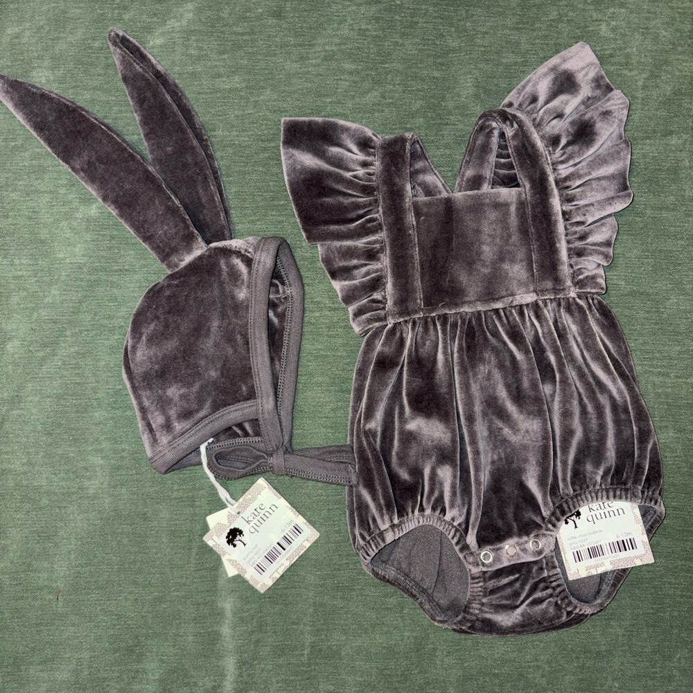Gery night Velour Ruffle Strap Romper and Bunny Bonnet Set